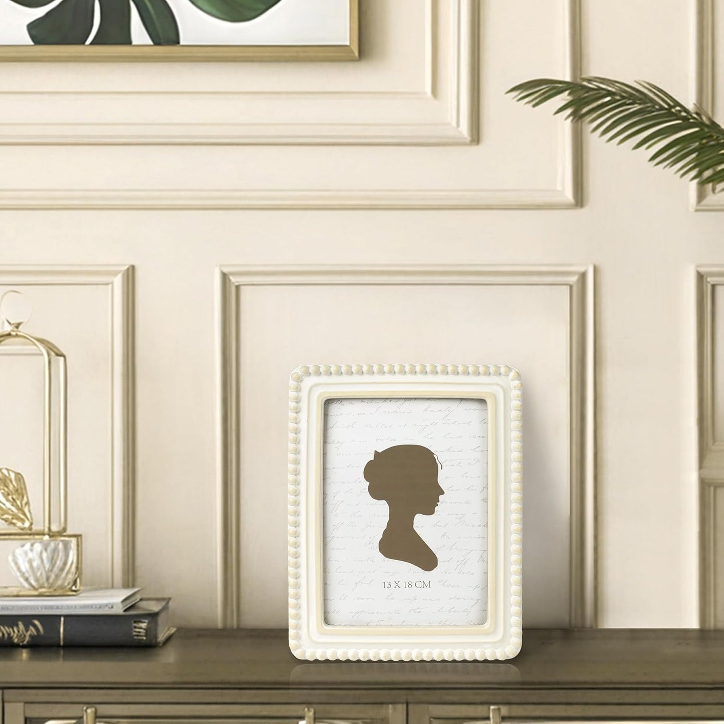 Sunlit Boho Vintage Picture Frame 5x7 Inch with Beaded Border, Luxury Antique Square Photo Frames with Glass Front, Photo Display, Tabletop Wall Hanging, Gift Idea, Distressed White