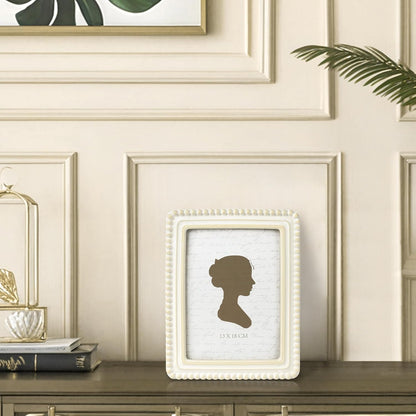 Sunlit Boho Vintage Picture Frame 5x7 Inch with Beaded Border, Luxury Antique Square Photo Frames with Glass Front, Photo Display, Tabletop Wall Hanging, Gift Idea, Distressed White