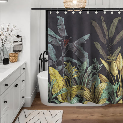 Sunlit Black Textured Slubbed Fabric Shower Curtain, Green Banana Leaf Shower Curtains for Bathroom Decoration, Tropical Plant Bathroom Curtains, 71x71