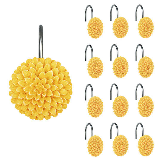 Sunlit Decorative Floral Shower Curtain Hooks, Dahlia Pinnata Flower Shower Curtain Rings, Resin, Bathroom Decoration Yellow Shower Curtain Hooks-12 Pack