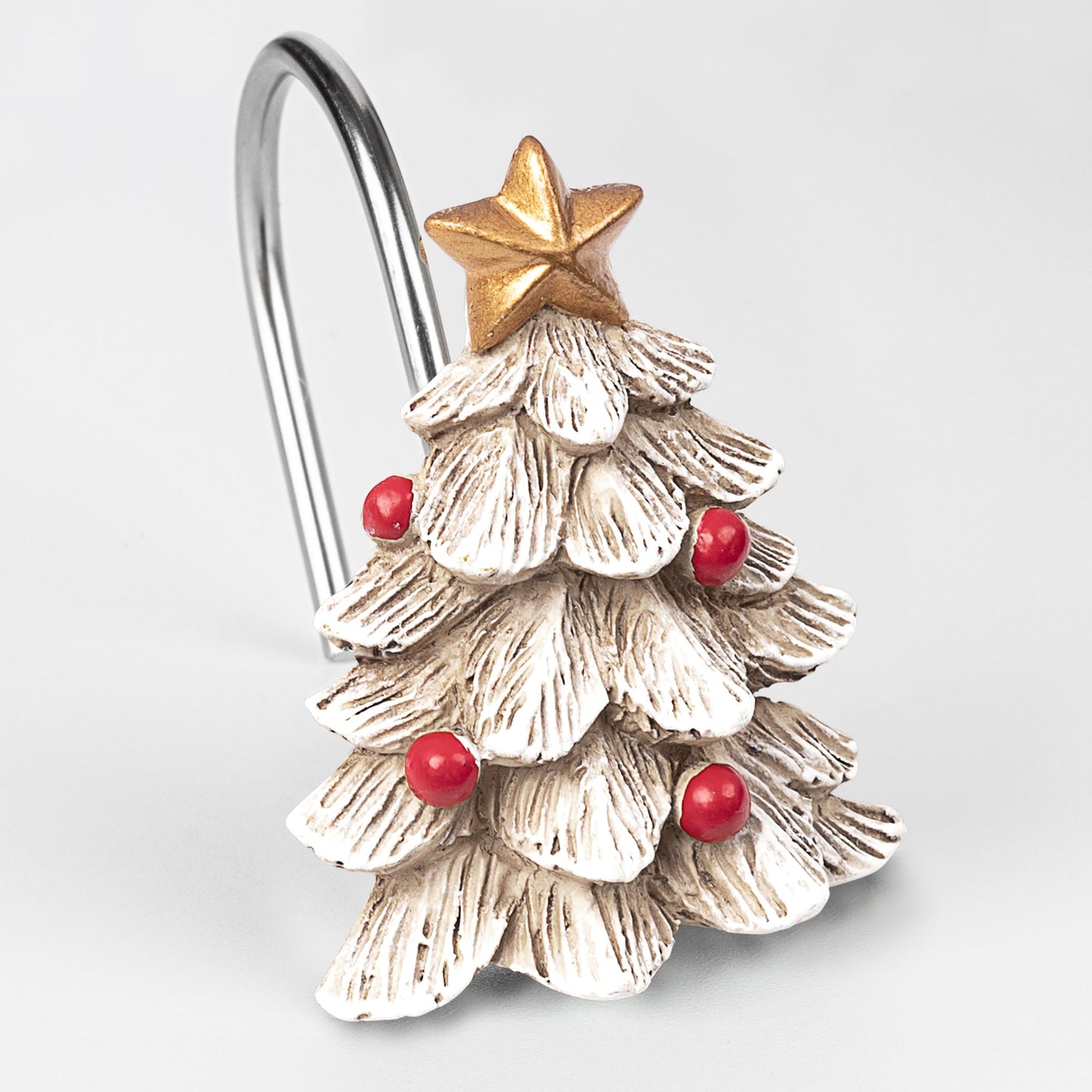 Sunlit Christmas Tree Decorative Shower Curtain Hooks with Star, Green Shower Curtain Rings, Resin, Xmas Theme Winter Holiday Bathroom Decoration, Set of 12