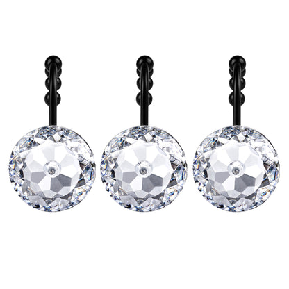 Sunlit Luxury Design Round Clear Diamond Crystal Gem Bling with Glide Balls Double Shower Curtain Hooks, Rust Proof Metal Rhinestones Glam Shower Curtain Rings-12 Pack