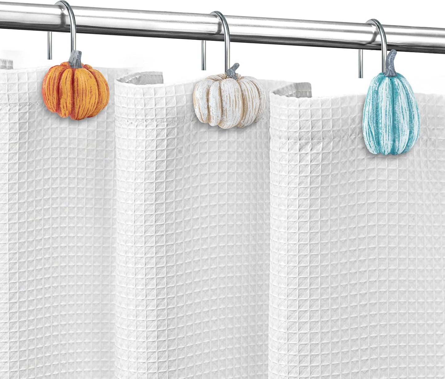 Sunlit Fall Pumpkin Decorative Shower Curtain Hooks, Autumn Harvest Festival Shower Curtain Rings, Resin, Blue Khaki Orange Farmhouse Bathroom Curtain Hangers Decoration, Set of 12