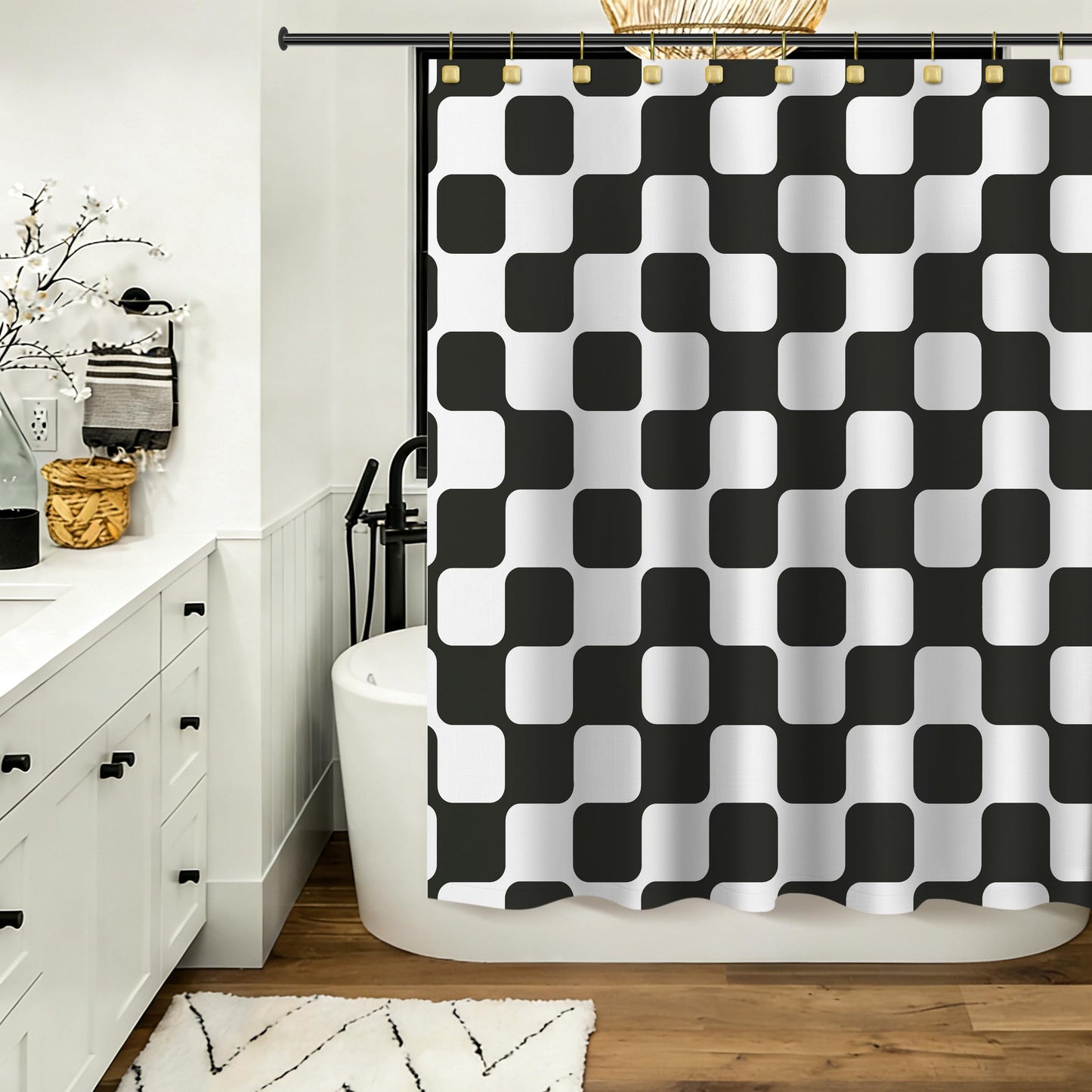 Sunlit Retro Checkered Faux Linen Fabric Shower Curtain, Beige Geometric Design with Organic Rounded Grid Pattern, Mid-Century Modern Bathroom Decor, 72" x 72"