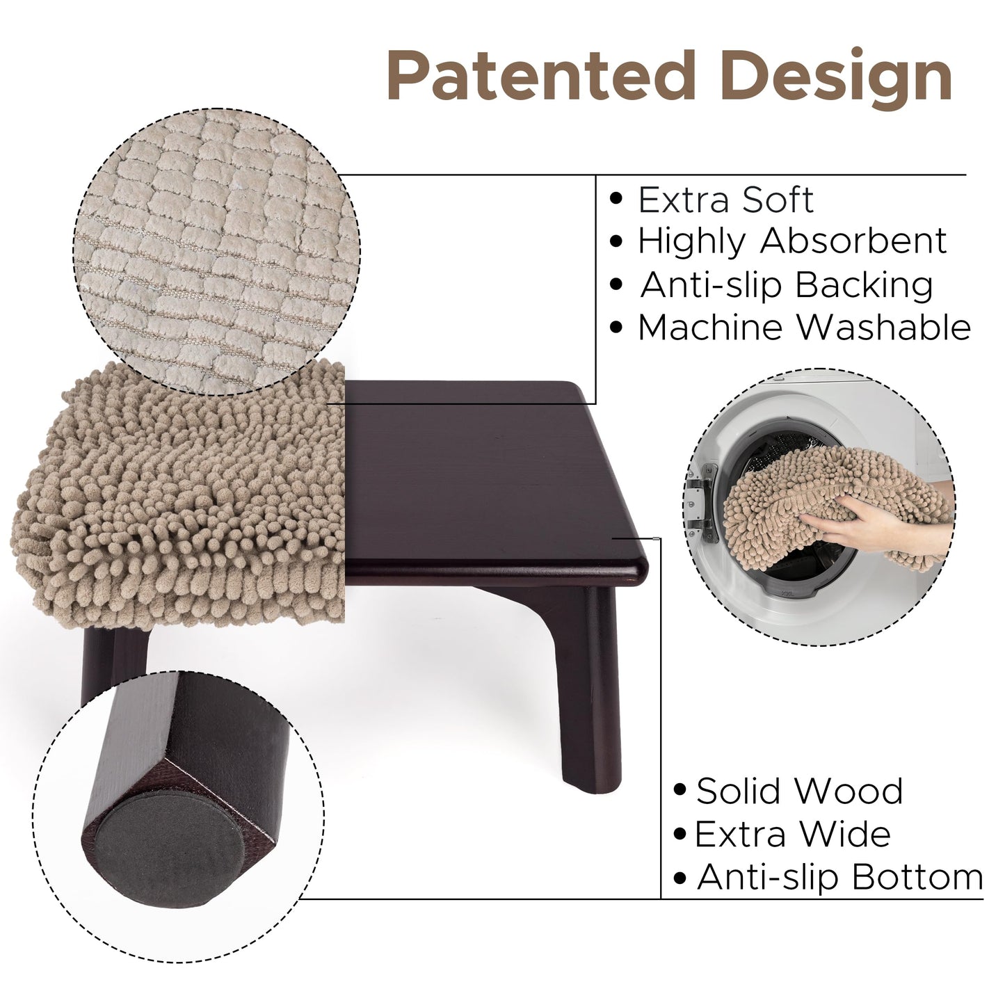 Sunlit One Step Stool with Absorbent Chenille, Stool Holds up to 550 lbs, Non-Slip Wood Foot Stool, Wooden Step Stool for Adults, Step Stools for Kids, Kitchen Bathroom Bedroom, Taupe