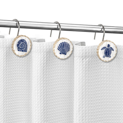 Sunlit Ocean Decorative Shower Curtain Hooks, Sea Turtle Spiral Shell Starfish Conch Shower Curtain Rings, Resin, Nautical Farmhouse Bathroom Decoration Beach Shower Curtain Hooks-12 Pack, Navy