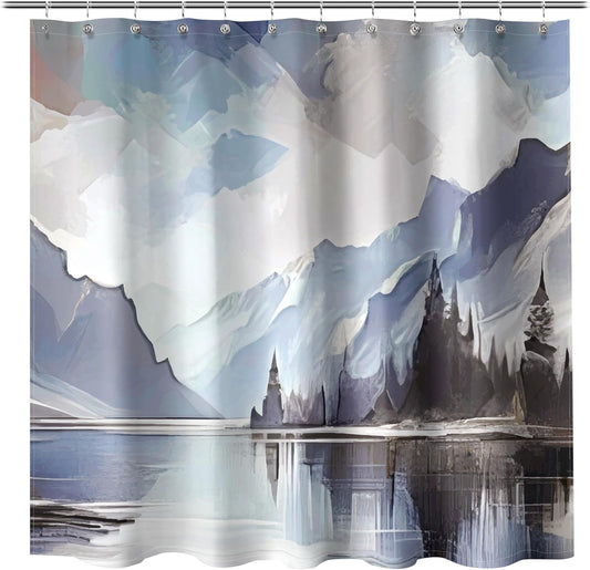 Sunlit Mountain Textured Slubbed Fabric Shower Curtain, Watercolor Nature Landscape Shower Curtains for Bathroom Decoration, Misty Foggy Art Shower Curtains, 71x71, Blue & Charcoal