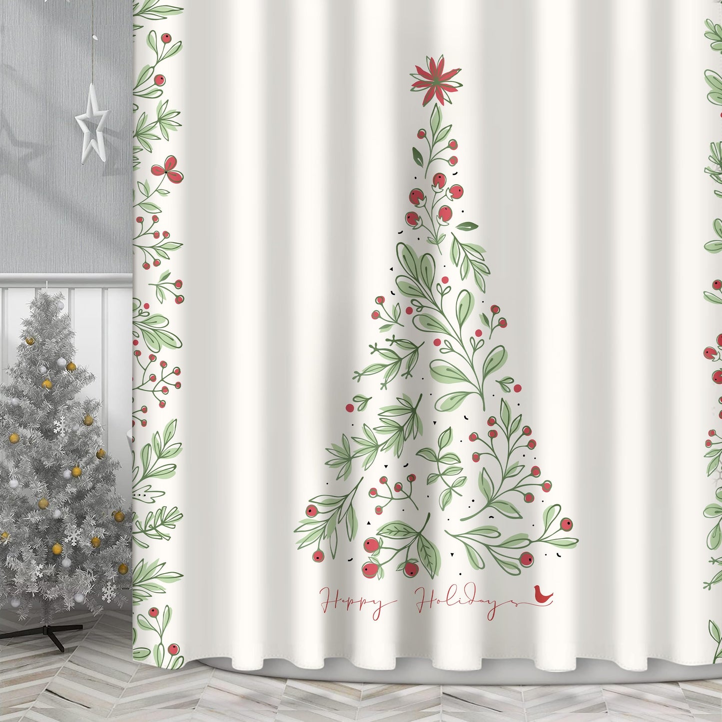 Sunlit Christmas Shower Curtain, Green Xmas Pine Tree with Red Star Ornament Holiday Farmhouse Decorations, Festive Bathroom Fabric Shower Curtain, Home Decor Tapestry