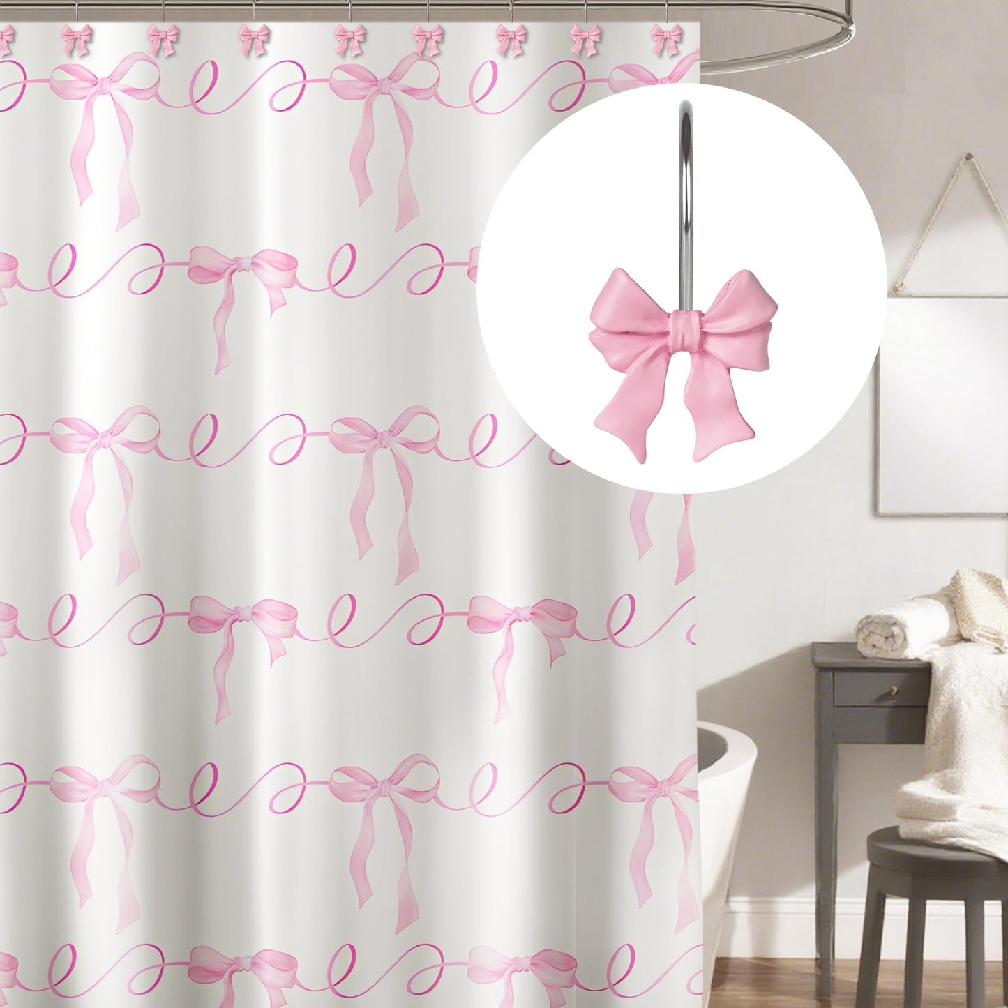 Sunlit Cute Bow Knot Double Shower Curtain Hooks, Home Decorative Shower Curtain Rings for Bathroom, Resin Shower Curtain Hangers Bathroom Accessories, Set of 12, Pink