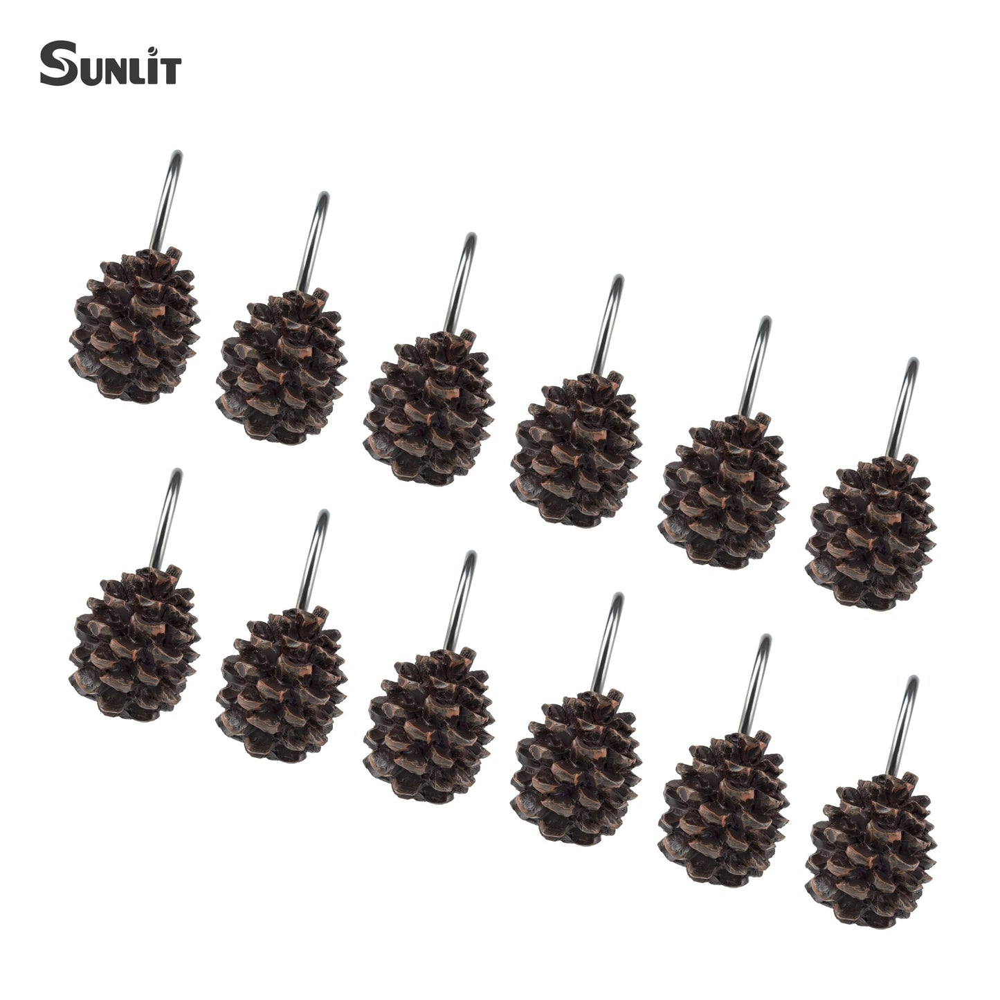 Sunlit Pinecone Decorative Shower Curtain Hooks, Brown Pine Cone Shower Curtain Rings, Resin, Winter Christmas Theme Bathroom Decoration, Set of 12