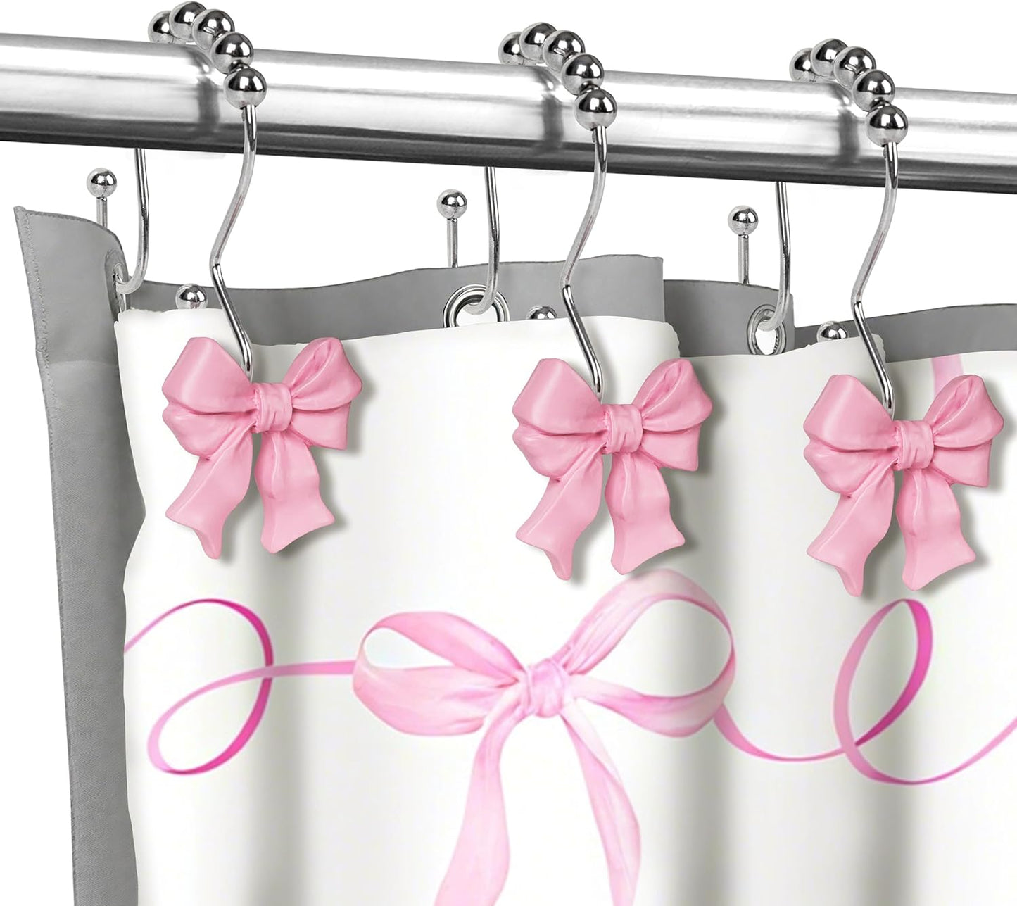 Sunlit Cute Bow Knot Double Shower Curtain Hooks, Home Decorative Shower Curtain Rings for Bathroom, Resin Shower Curtain Hangers Bathroom Accessories, Set of 12, Pink