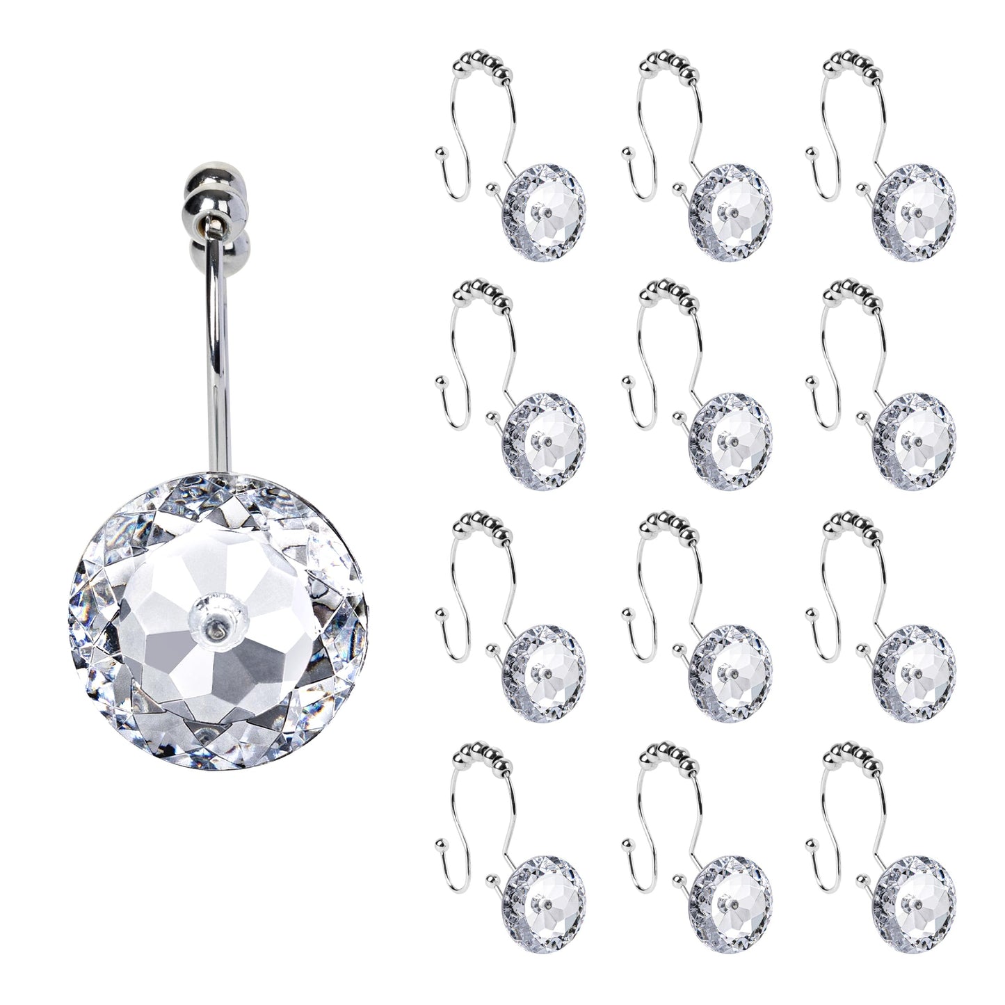 Sunlit Luxury Design Round Clear Diamond Crystal Gem Bling with Glide Balls Double Shower Curtain Hooks, Rust Proof Metal Rhinestones Glam Shower Curtain Rings-12 Pack