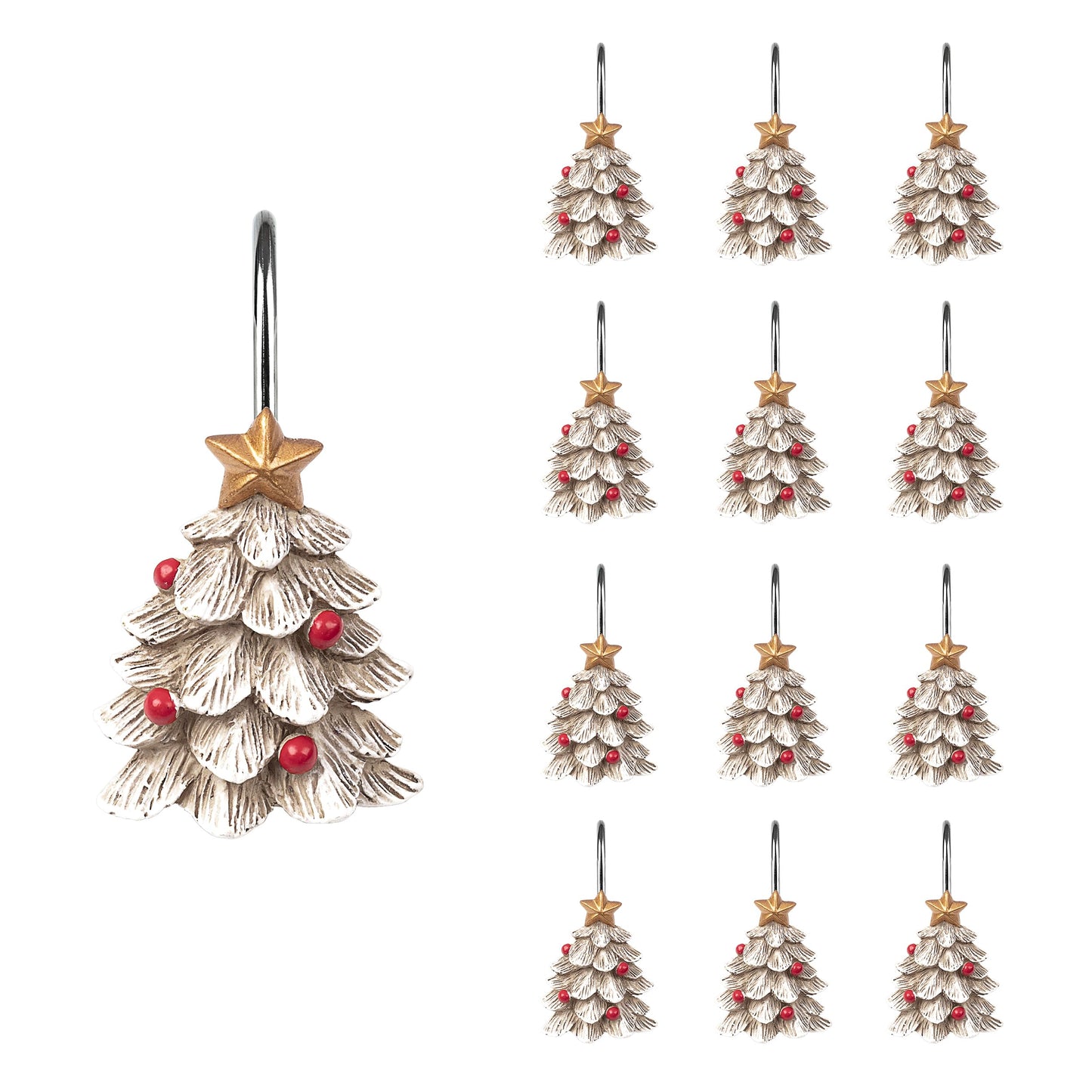 Sunlit Christmas Tree Decorative Shower Curtain Hooks with Star, Green Shower Curtain Rings, Resin, Xmas Theme Winter Holiday Bathroom Decoration, Set of 12