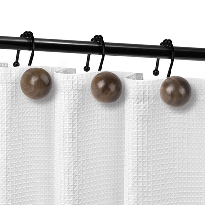 Sunlit Boho Wood Beads Decorative Shower Curtain Hooks, Shower Curtain Rings with Roller Balls, Farmhouse Bathroom Decoration Curtain Hangers Accessories, Set of 12, Walnut Wood