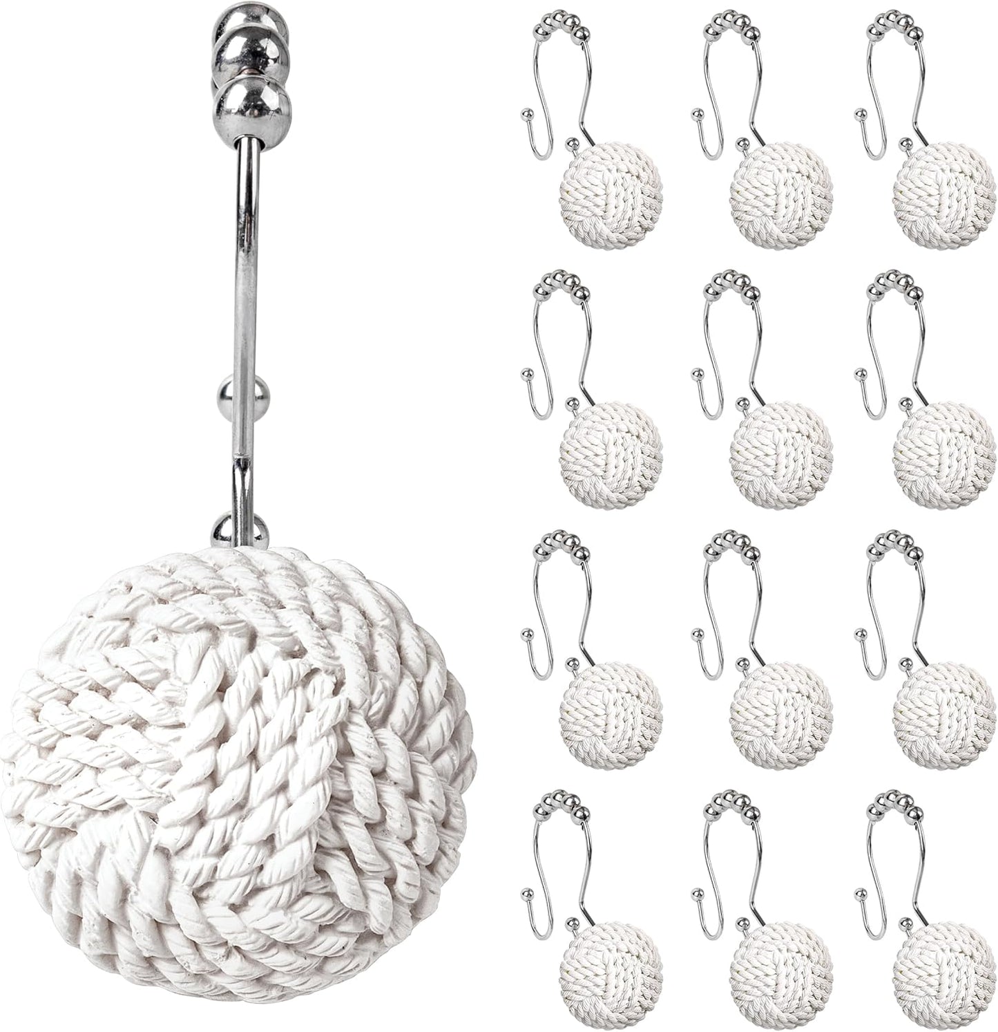 Sunlit Boho Knots Double Shower Curtain Hooks, Home Decorative Shower Curtain Rings for Bathroom, Seaside Nautical Shower Curtain Hangers Bathroom Accessories, Set of 12