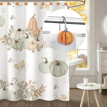 Sunlit Fall Pumpkin Decorative Shower Curtain Hooks, Autumn Harvest Festival Shower Curtain Rings, Resin, Blue Khaki Orange Farmhouse Bathroom Curtain Hangers Decoration, Set of 12