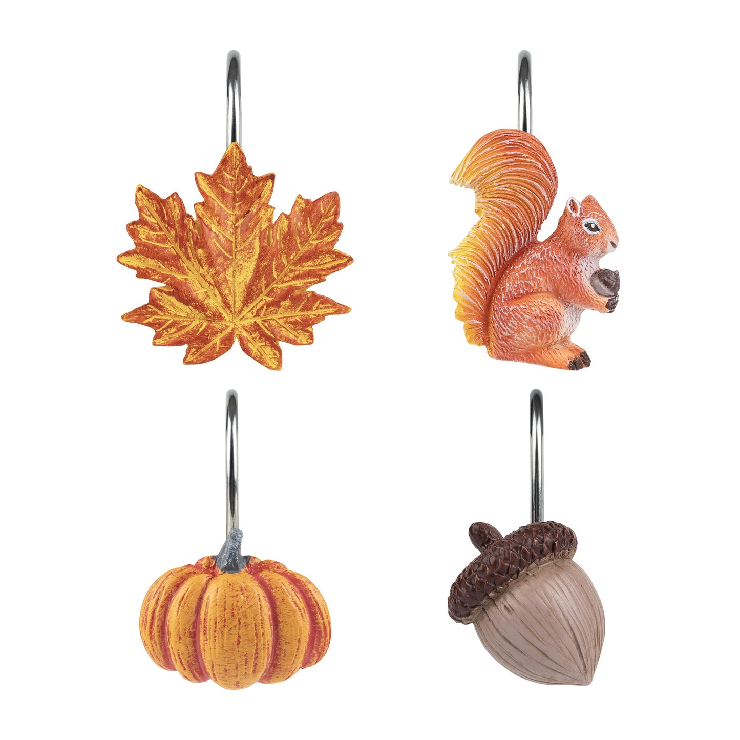 Sunlit Fall Autumn Decorative Shower Curtain Hooks, Squirrel Acorn Shower Curtain Rings, Resin, Orange Brown Cute Bathroom Curtain Hangers Decoration, Set of 12