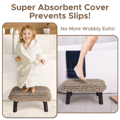 Sunlit One Step Stool with Absorbent Chenille, Stool Holds up to 550 lbs, Non-Slip Wood Foot Stool, Wooden Step Stool for Adults, Step Stools for Kids, Kitchen Bathroom Bedroom, Taupe