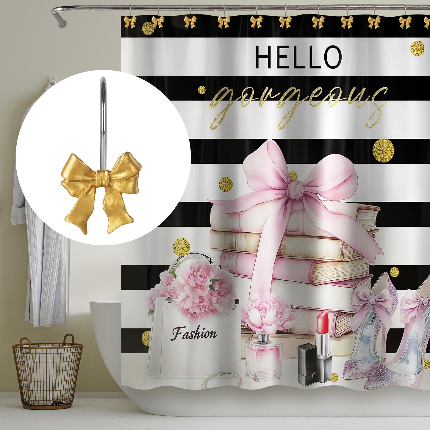 Sunlit Cute Bow Knot Double Shower Curtain Hooks, Home Decorative Shower Curtain Rings for Bathroom, Resin Shower Curtain Hangers Bathroom Accessories, Set of 12, Pink