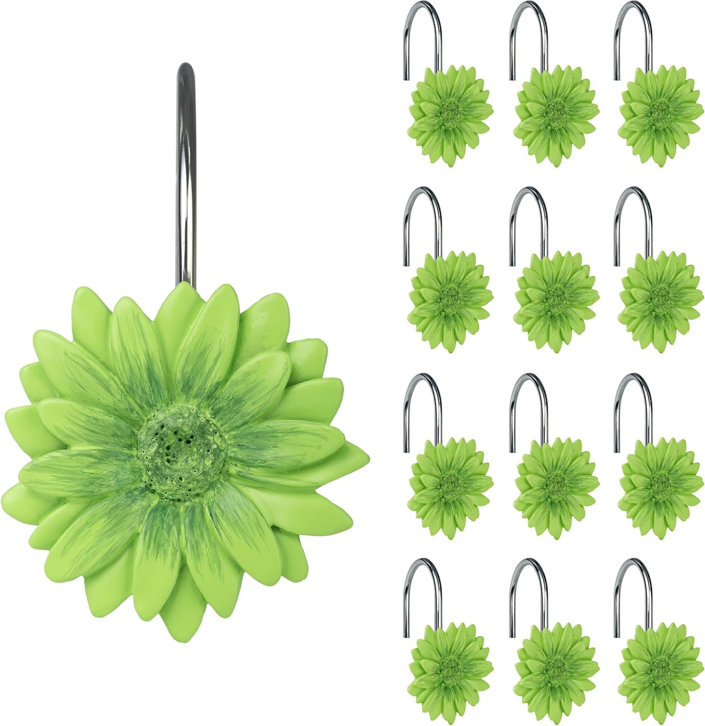 Sunlit Daisy Shower Curtain Hooks, Home Decorative Shower Curtain Rings for Bathroom, Resin, Floral Shower Curtain Hanger Hooks for Living Room, Set of 12, White and Golden