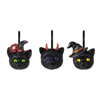 Sunlit Halloween Black Cat Shower Curtain Hooks, Home Decorative Shower Curtain Rings for Bathroom, Halloween Shower Curtain Hangers Bathroom Accessories, Set of 12, Wizard Cat