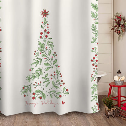 Sunlit Christmas Shower Curtain, Green Xmas Pine Tree with Red Star Ornament Holiday Farmhouse Decorations, Festive Bathroom Fabric Shower Curtain, Home Decor Tapestry