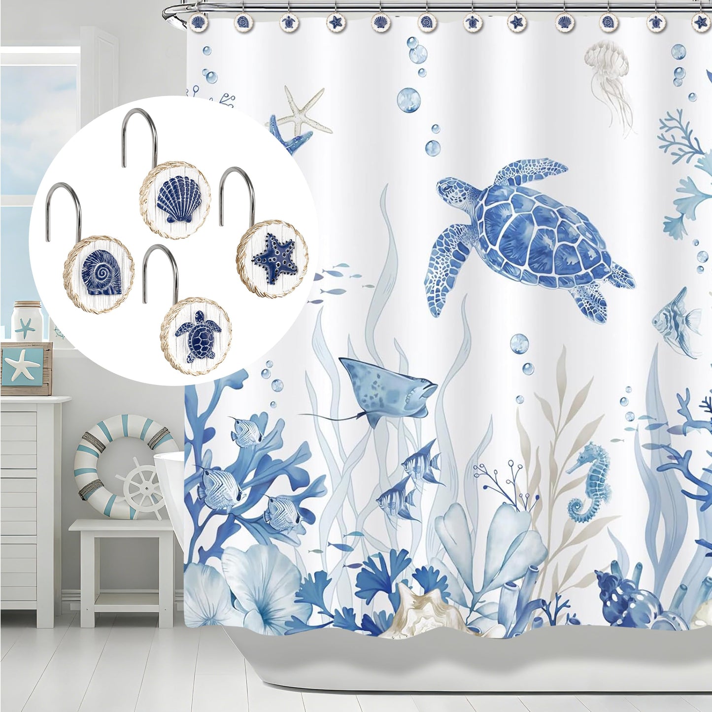 Sunlit Ocean Decorative Shower Curtain Hooks, Sea Turtle Spiral Shell Starfish Conch Shower Curtain Rings, Resin, Nautical Farmhouse Bathroom Decoration Beach Shower Curtain Hooks-12 Pack, Navy