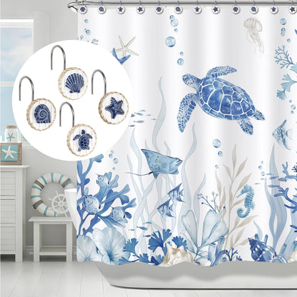 Sunlit Ocean Decorative Shower Curtain Hooks, Sea Turtle Spiral Shell Starfish Conch Shower Curtain Rings, Resin, Nautical Farmhouse Bathroom Decoration Beach Shower Curtain Hooks-12 Pack, Navy