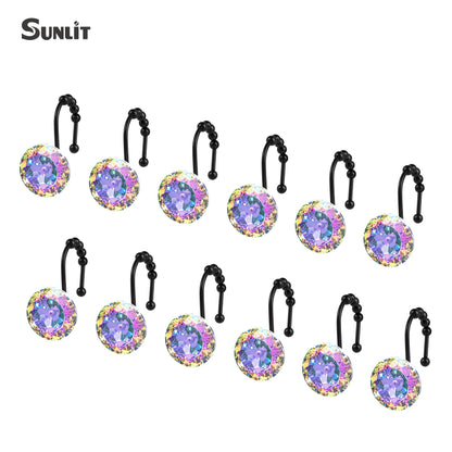 Sunlit Luxury Design Round Clear Diamond Crystal Gem Bling with Glide Balls Double Shower Curtain Hooks, Rust Proof Metal Rhinestones Glam Shower Curtain Rings-12 Pack