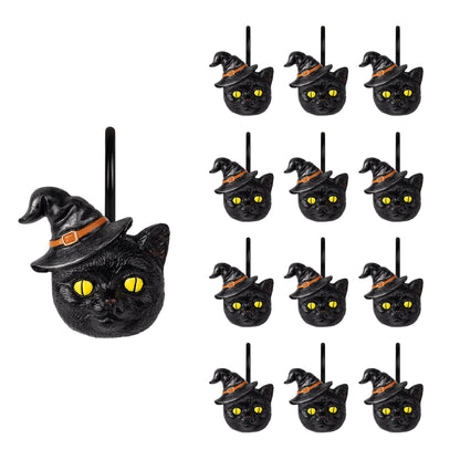 Sunlit Halloween Black Cat Shower Curtain Hooks, Home Decorative Shower Curtain Rings for Bathroom, Halloween Shower Curtain Hangers Bathroom Accessories, Set of 12, Wizard Cat