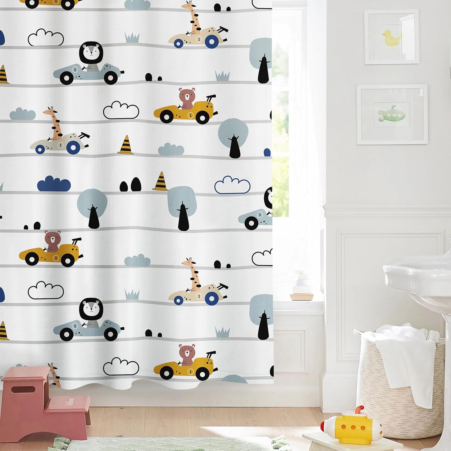 Sunlit Funny Car Race Fabric Kids Shower Curtain, Cute Cartoon Animal Drivers with Giraffe, Lion & Bear, Fun Road Trip Theme Bathroom Decor for Boys and Girls, 72 x 72 Inches