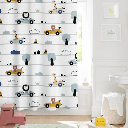 Sunlit Funny Car Race Fabric Kids Shower Curtain, Cute Cartoon Animal Drivers with Giraffe, Lion & Bear, Fun Road Trip Theme Bathroom Decor for Boys and Girls, 72 x 72 Inches