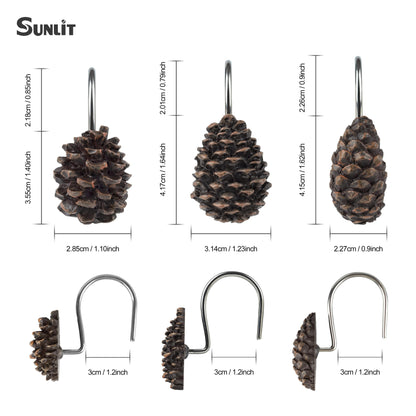 Sunlit Pinecone Decorative Shower Curtain Hooks, Brown Pine Cone Shower Curtain Rings, Resin, Winter Christmas Theme Bathroom Decoration, Set of 12