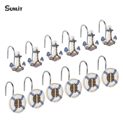 Sunlit Nautical Shower Curtain Hooks, Home Decorative Coastal Shower Curtain Rings for Bathroom, Resin, Ocean Shower Curtain Hanger Hooks for Living Room, Set of 12, Blue Anchor Rudder