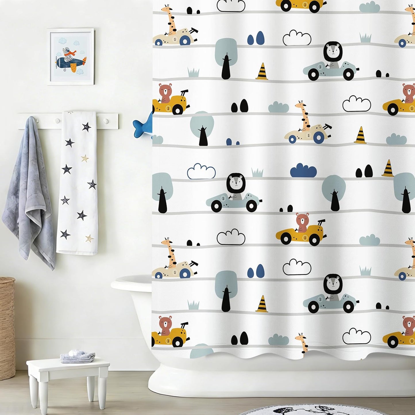 Sunlit Funny Car Race Fabric Kids Shower Curtain, Cute Cartoon Animal Drivers with Giraffe, Lion & Bear, Fun Road Trip Theme Bathroom Decor for Boys and Girls, 72 x 72 Inches