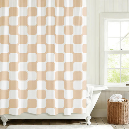Sunlit Retro Checkered Faux Linen Fabric Shower Curtain, Beige Geometric Design with Organic Rounded Grid Pattern, Mid-Century Modern Bathroom Decor, 72" x 72"