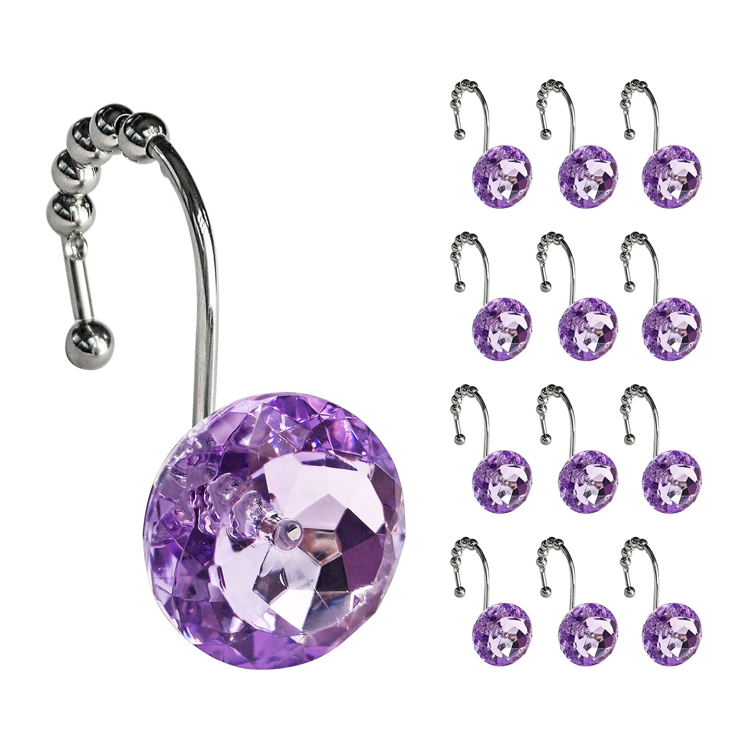 Sunlit Luxury Design Round Clear Diamond Crystal Gem Bling with Glide Balls Double Shower Curtain Hooks, Rust Proof Metal Rhinestones Glam Shower Curtain Rings-12 Pack