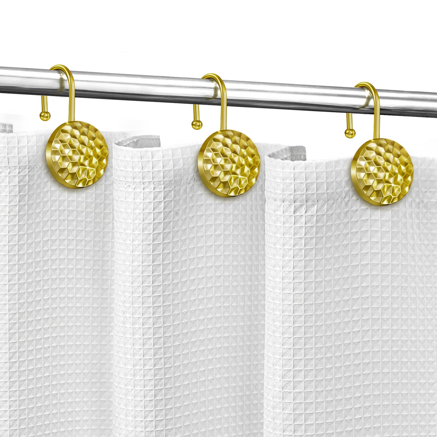 Sunlit Gold Shower Curtain Hooks, Square Metal Home Decorative Shower Curtain Rings for Bathroom, Modern Shower Curtain Hangers Bathroom Accessories, Set of 12