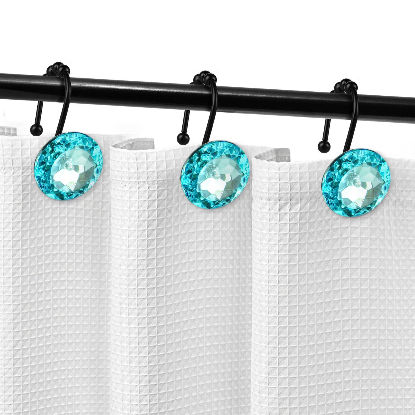 Sunlit Luxury Design Round Clear Diamond Crystal Gem Bling with Glide Balls Double Shower Curtain Hooks, Rust Proof Metal Rhinestones Glam Shower Curtain Rings-12 Pack