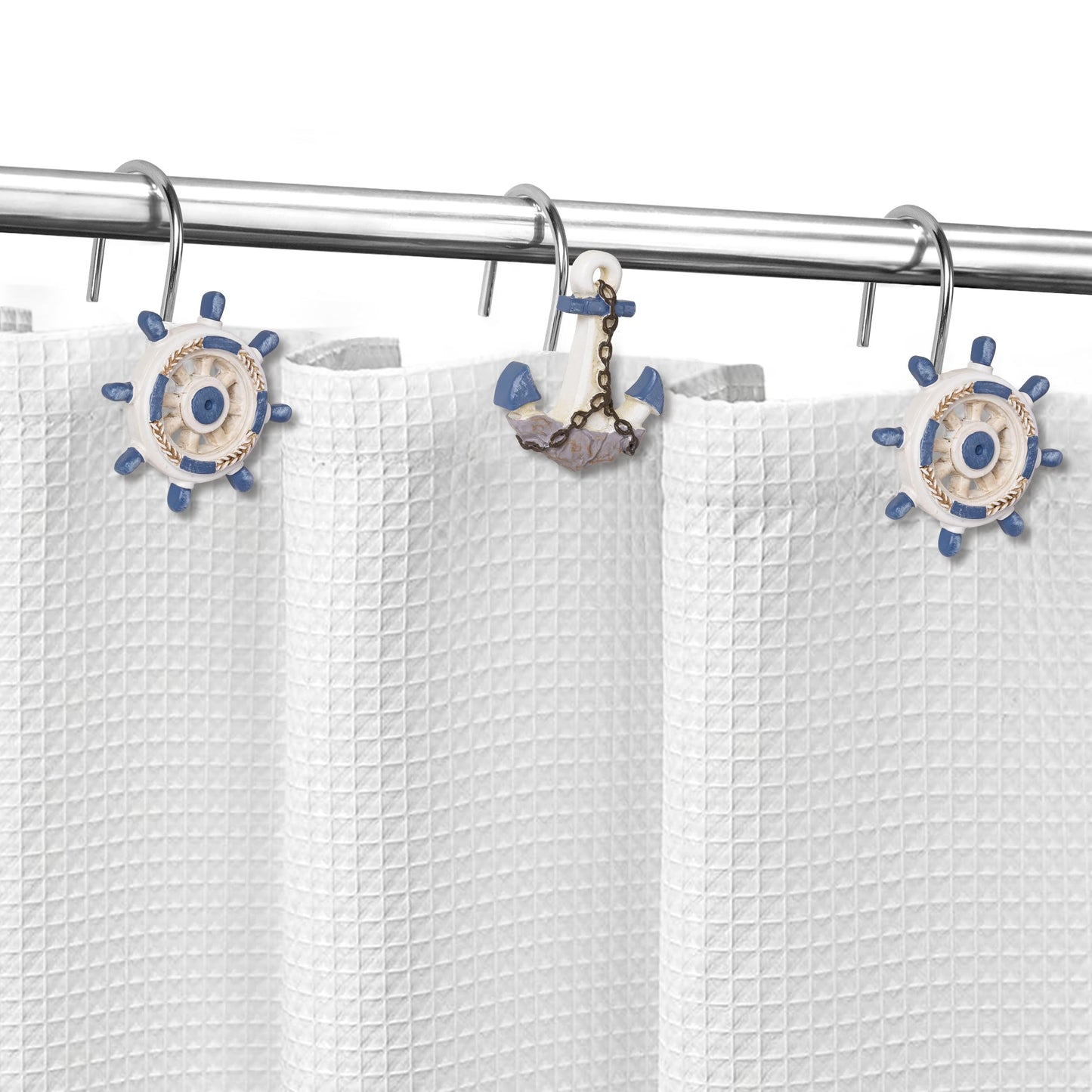 Sunlit Nautical Shower Curtain Hooks, Home Decorative Coastal Shower Curtain Rings for Bathroom, Resin, Ocean Shower Curtain Hanger Hooks for Living Room, Set of 12, Blue Anchor Rudder