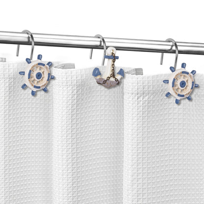 Sunlit Nautical Shower Curtain Hooks, Home Decorative Coastal Shower Curtain Rings for Bathroom, Resin, Ocean Shower Curtain Hanger Hooks for Living Room, Set of 12, Blue Anchor Rudder