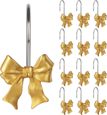 Sunlit Cute Bow Knot Double Shower Curtain Hooks, Home Decorative Shower Curtain Rings for Bathroom, Resin Shower Curtain Hangers Bathroom Accessories, Set of 12, Pink