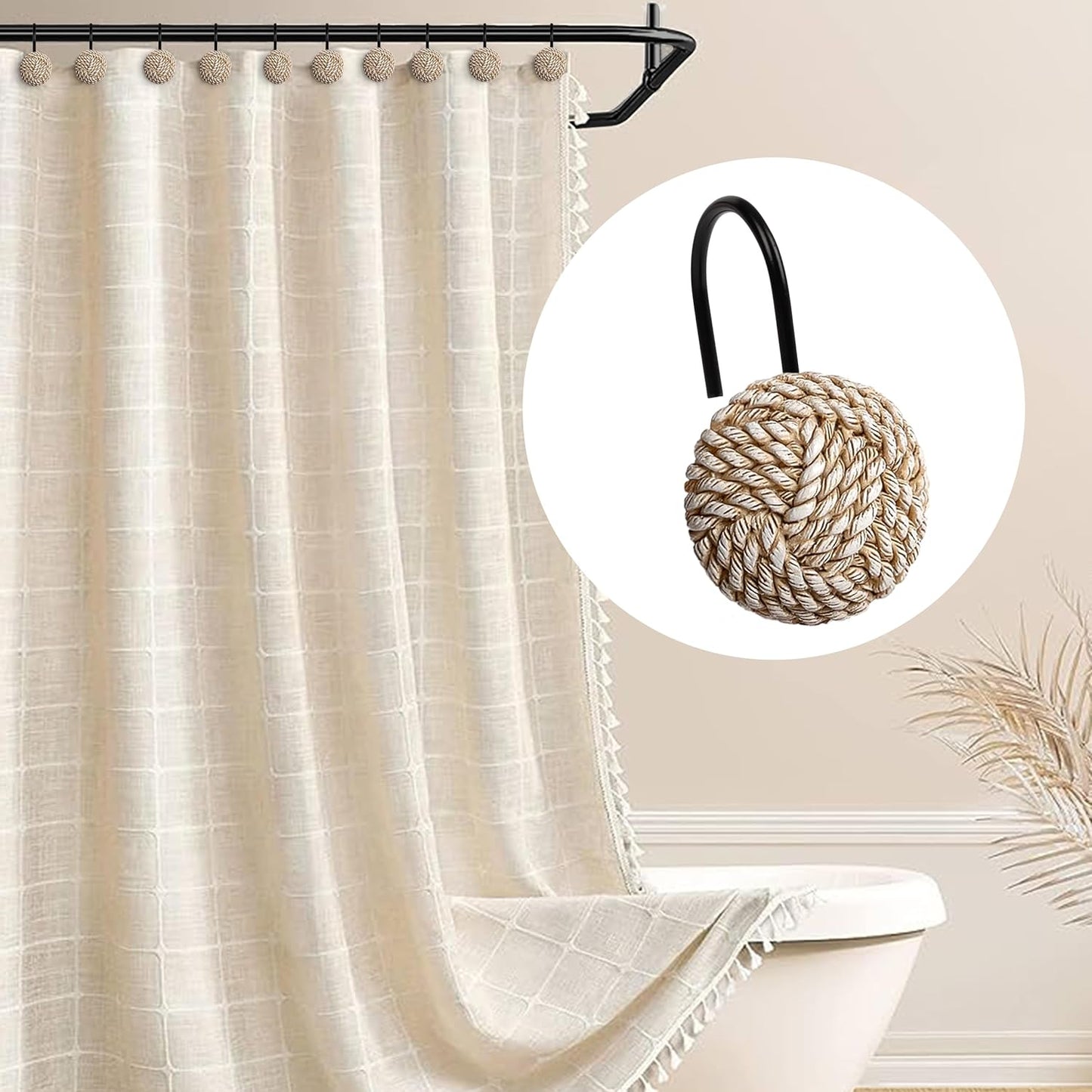 Sunlit Boho Knots Double Shower Curtain Hooks, Home Decorative Shower Curtain Rings for Bathroom, Seaside Nautical Shower Curtain Hangers Bathroom Accessories, Set of 12
