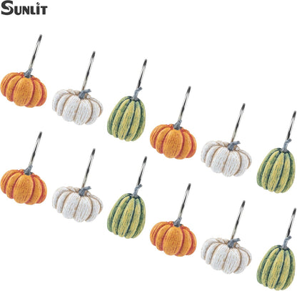 Sunlit Fall Pumpkin Decorative Shower Curtain Hooks, Autumn Harvest Festival Shower Curtain Rings, Resin, Blue Khaki Orange Farmhouse Bathroom Curtain Hangers Decoration, Set of 12