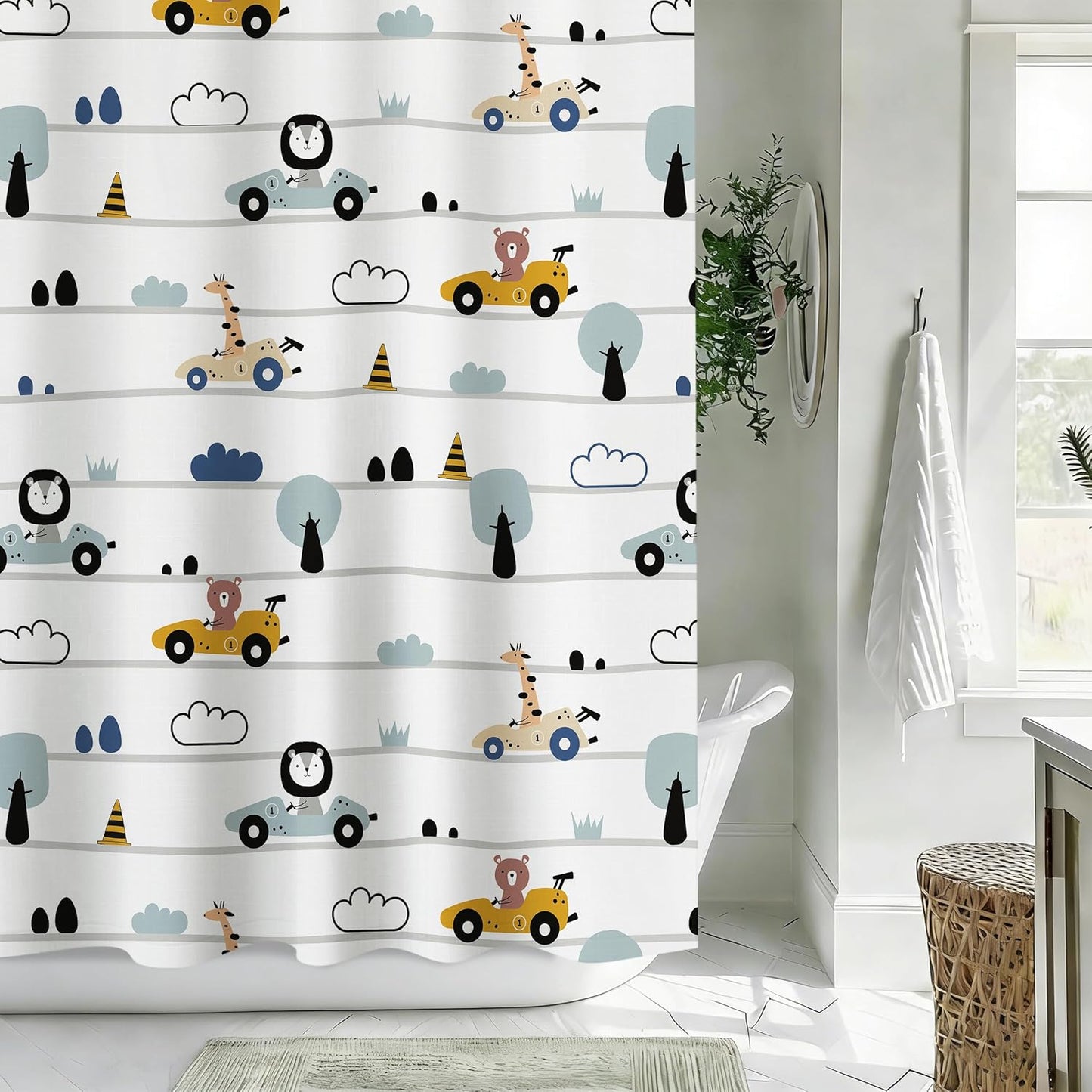 Sunlit Funny Car Race Fabric Kids Shower Curtain, Cute Cartoon Animal Drivers with Giraffe, Lion & Bear, Fun Road Trip Theme Bathroom Decor for Boys and Girls, 72 x 72 Inches