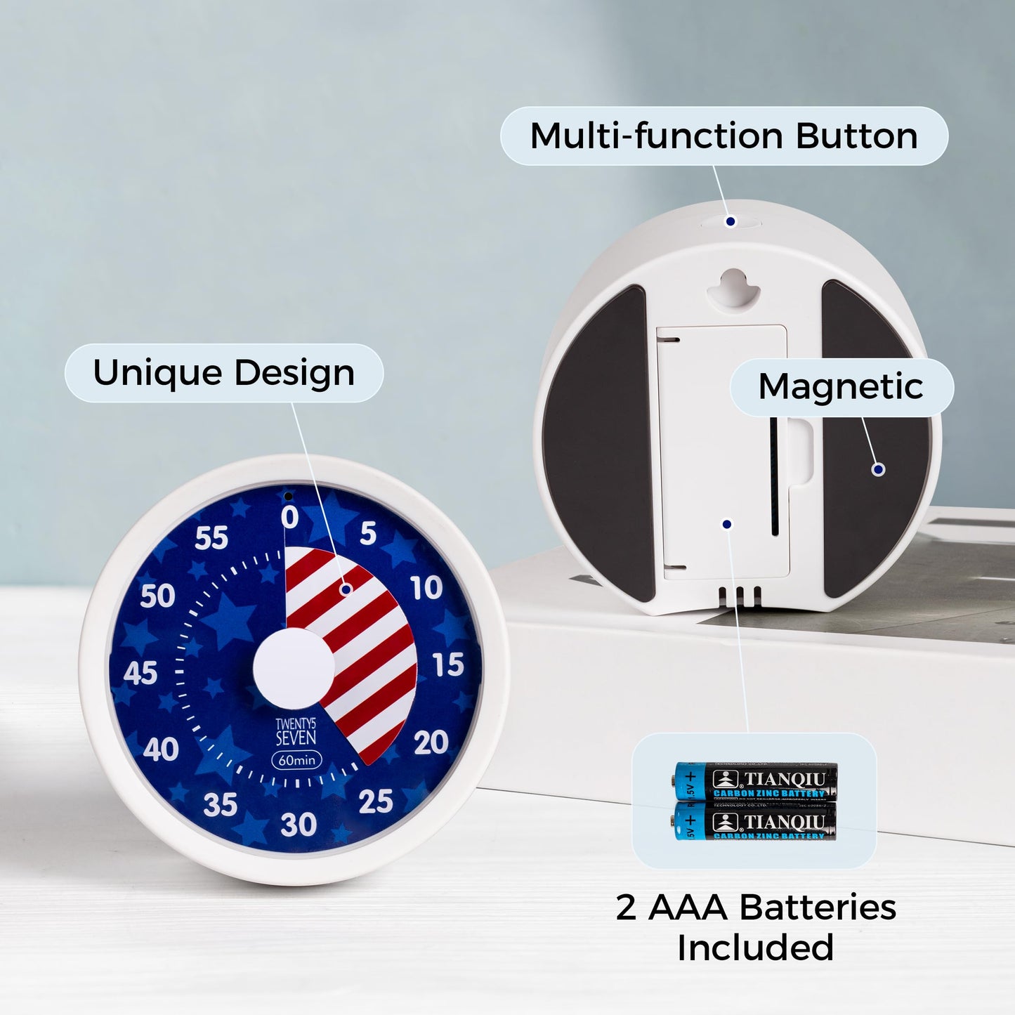 TWENTY5 SEVEN Countdown Timer 3 inch, Silent 60 Minute 1 Hour Visual Timer with Pause Function, Magnetic Classroom Teaching Tool Office Meeting, Countdown Clock for Kids Time Management, National Flag