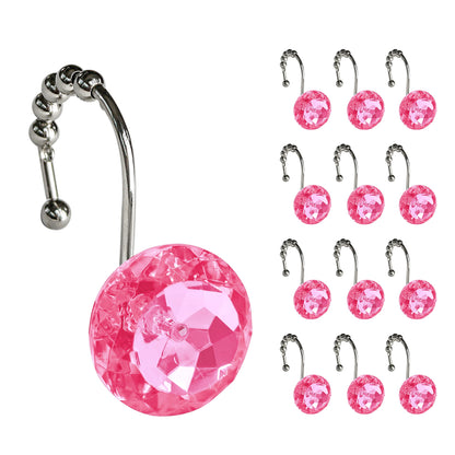 Sunlit Luxury Design Round Clear Diamond Crystal Gem Bling with Glide Balls Double Shower Curtain Hooks, Rust Proof Metal Rhinestones Glam Shower Curtain Rings-12 Pack