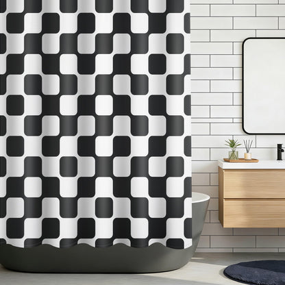 Sunlit Retro Checkered Faux Linen Fabric Shower Curtain, Beige Geometric Design with Organic Rounded Grid Pattern, Mid-Century Modern Bathroom Decor, 72" x 72"