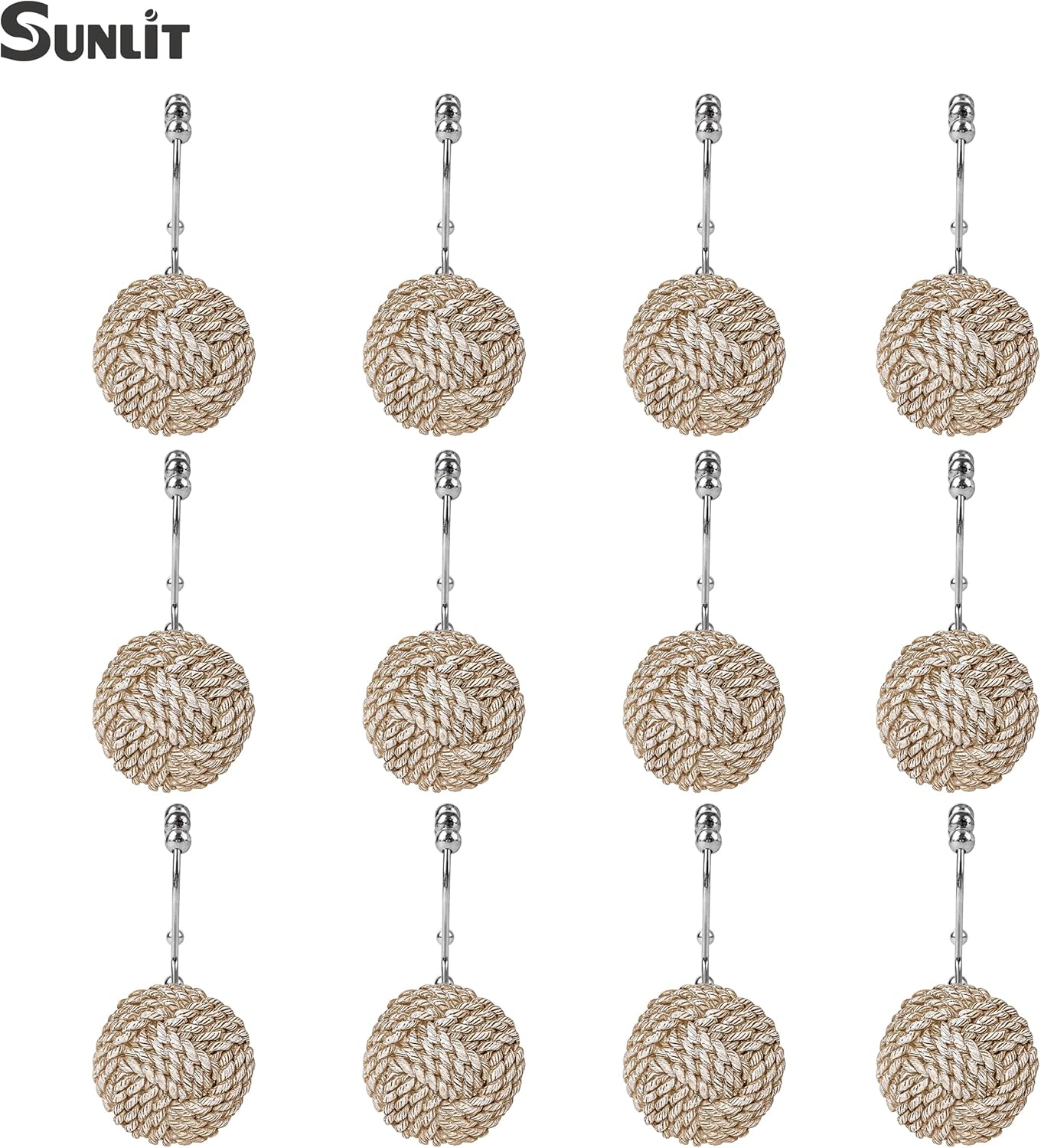 Sunlit Boho Knots Double Shower Curtain Hooks, Home Decorative Shower Curtain Rings for Bathroom, Seaside Nautical Shower Curtain Hangers Bathroom Accessories, Set of 12