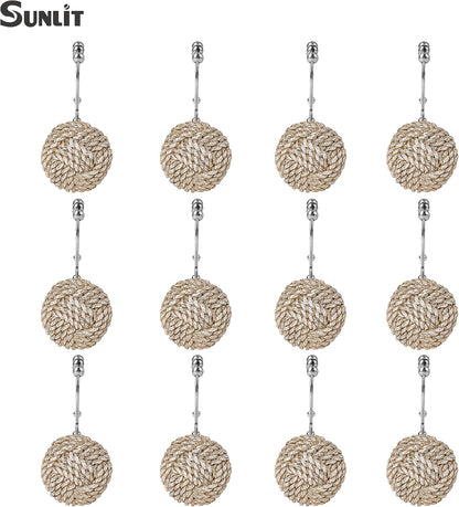 Sunlit Boho Knots Double Shower Curtain Hooks, Home Decorative Shower Curtain Rings for Bathroom, Seaside Nautical Shower Curtain Hangers Bathroom Accessories, Set of 12